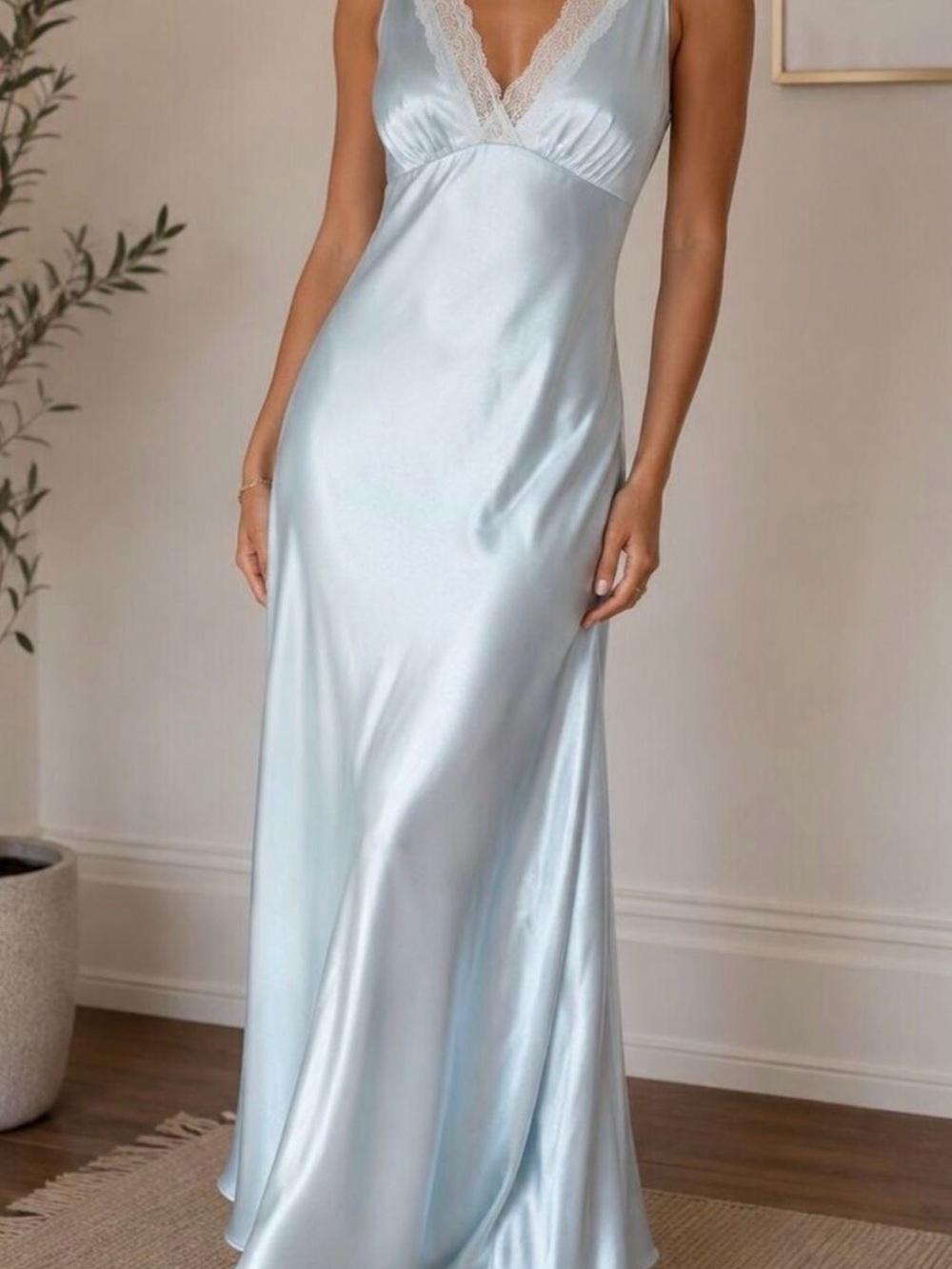 Open Edit Elegant Light Blue Satin Slip Dress with Lace Trim Medium